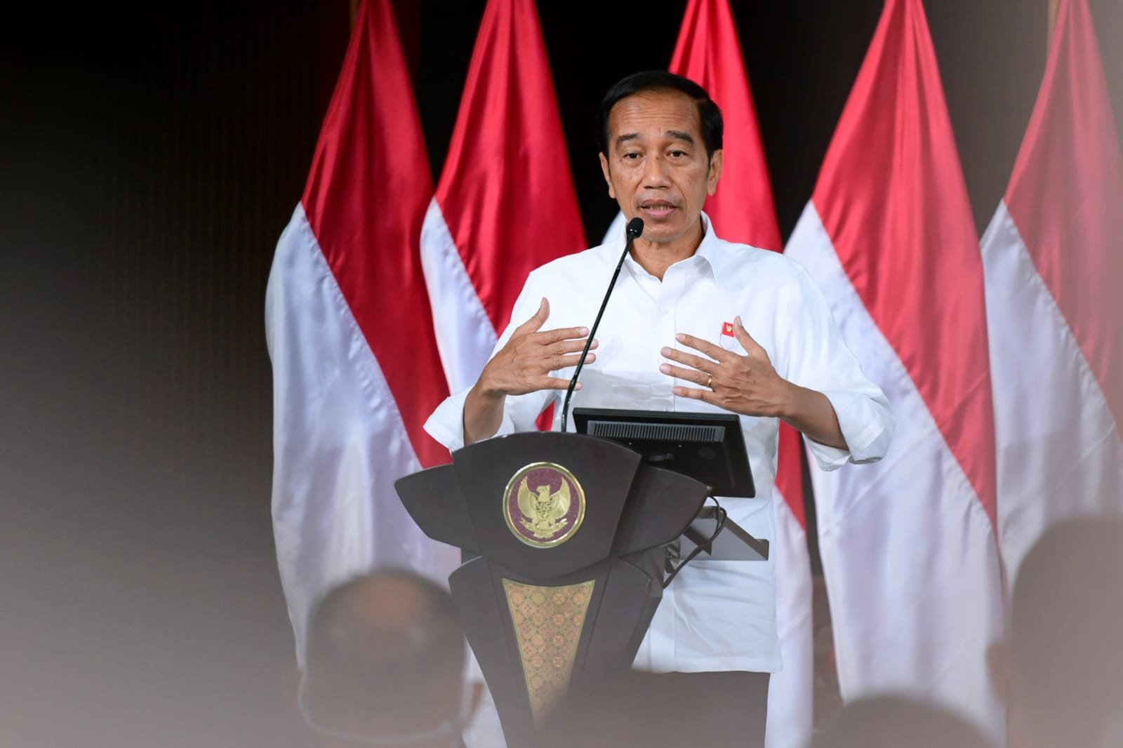 Presiden Jokowi saat memberikan pengarahan kepada KADIN Provinsi Se-Indonesia, di TMII, Jakarta Timur, Selasa (23/08/2022)