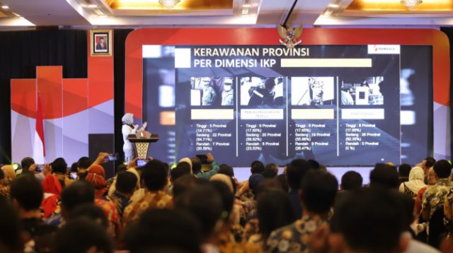 Koordinator Divisi Pencegahan, Partisipasi Masyarakat, dan Humas Lolly Suhenty memaparkan data hasil IKP 2024 di Jakarta, Jumat (16/12/2022)