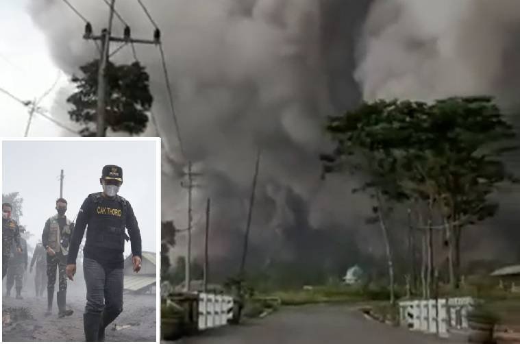 Situasi Erupsi Gunung Semeru yang dipenuhi awan hitam dan Bupati Lumajang Thoriqul Haq atau Cak Thoriq (inset) di lokasi erupsi. Bupati menetapkan masa tanggap darurat bencana selema 14 hari.