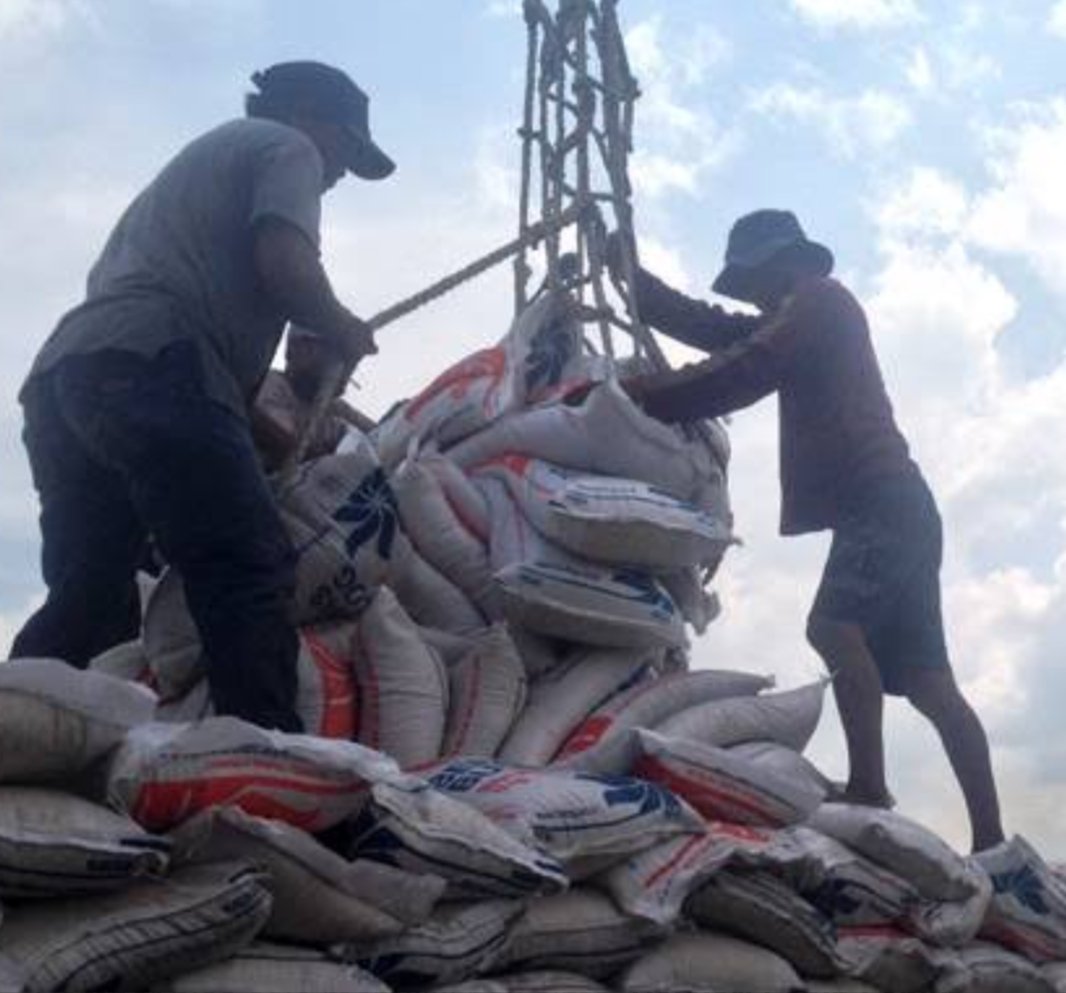 Pekerja bongkar muat di Pelabuhan Boom Baru Palembang